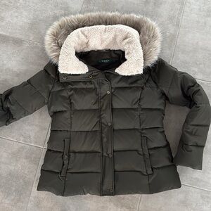 *LIKE NEW* LAUREN Ralph Lauren Women's Olive Puffer Jacket Faux Fur Trim- Size L